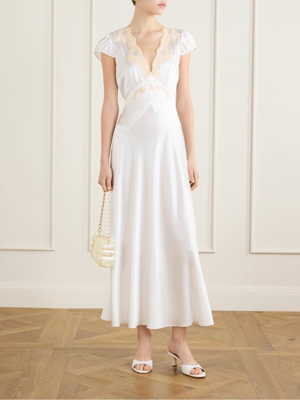 Doen White Satin Slip Dress with Cream Lace Trim